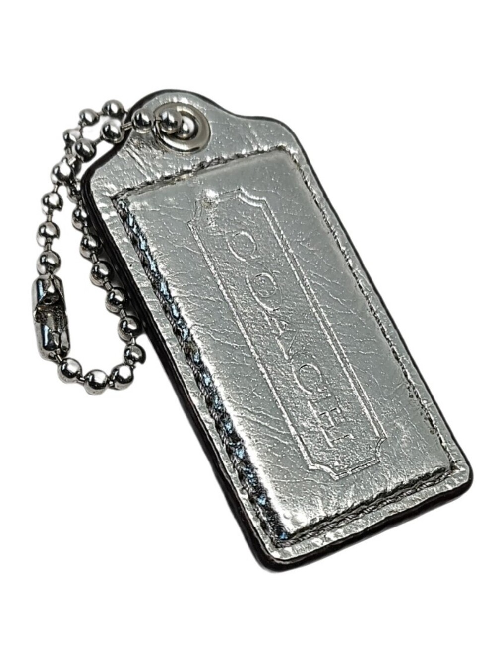 🩶 Large 2.5" Coach Metallic Silver Leather Hangtag Bag Fob Keychain Charm Y2K